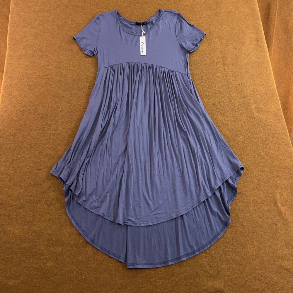 Levaca Womens Large Blue High Low Empire Waist Pleated Tunic Dress NWT